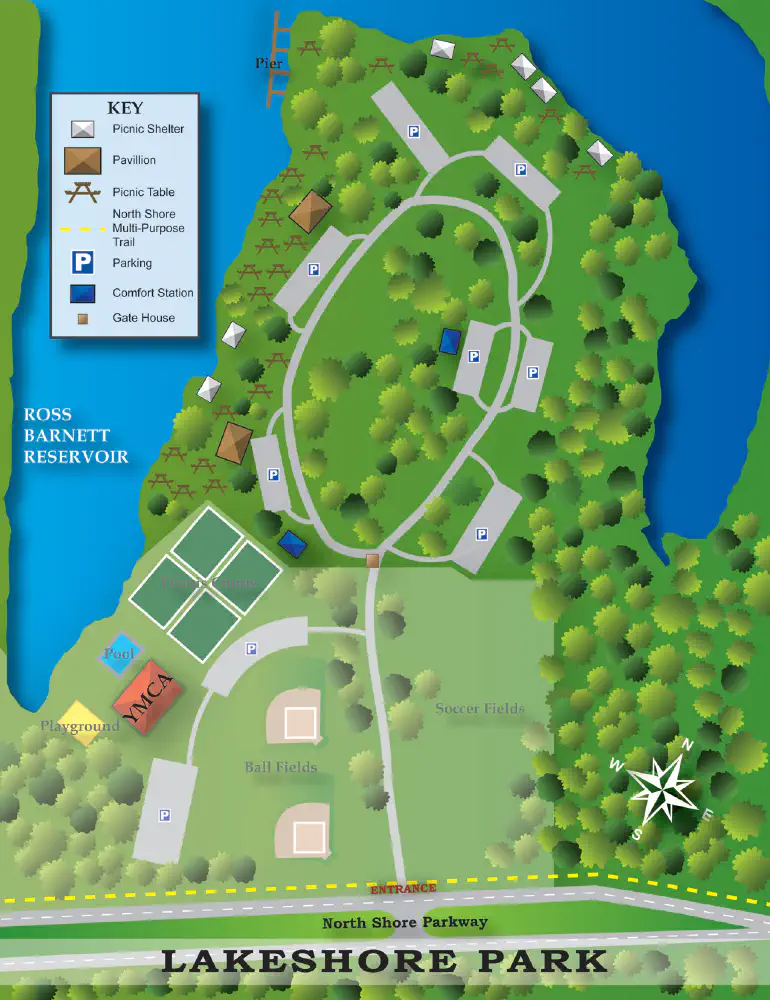Lakeshore Park reference map showing parking, trails, shelters and the North Shore Parkway entrance