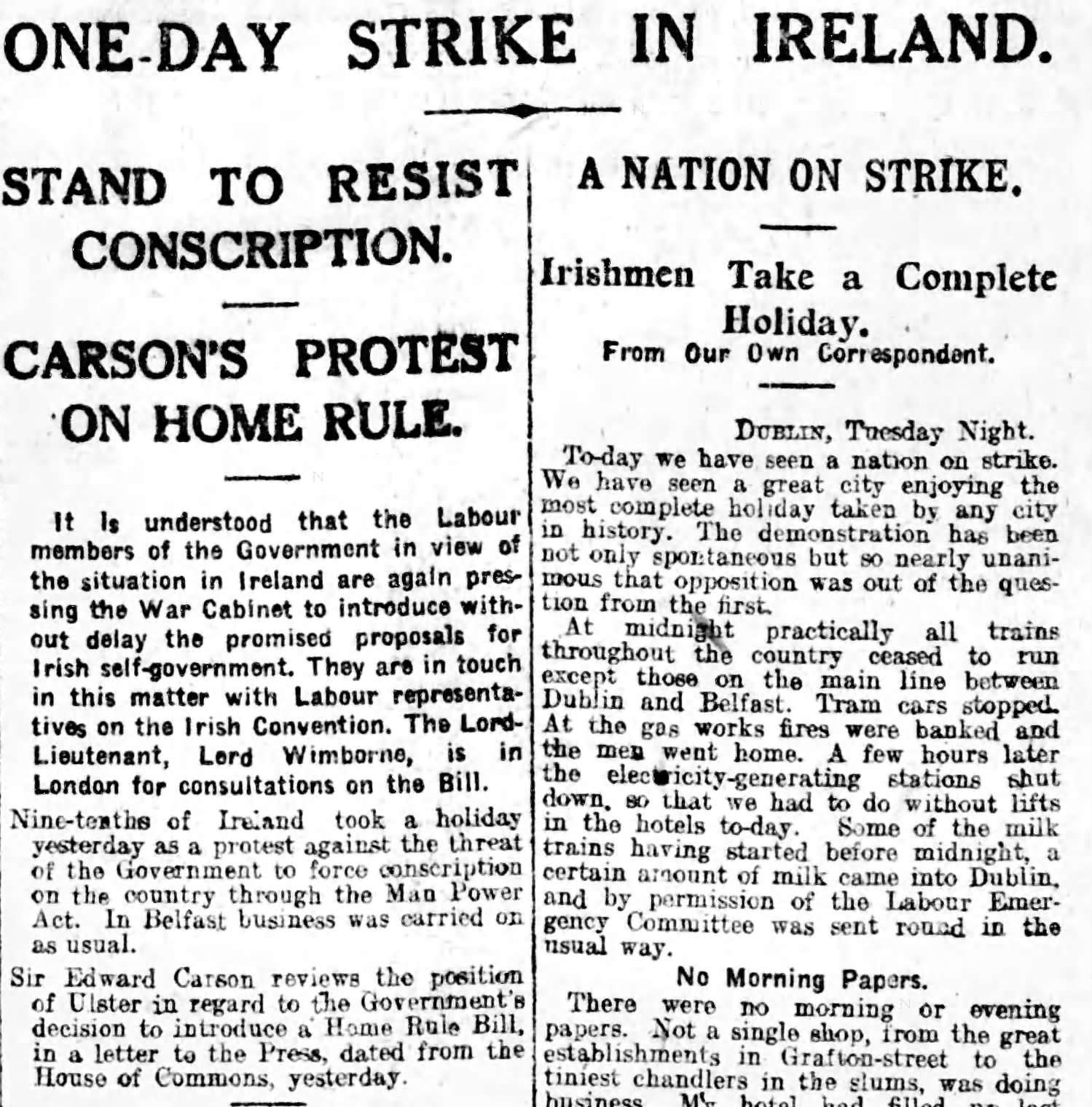 Irish Labour Party declares one-day strike in protest over conscription act Anglo-Irish agreements