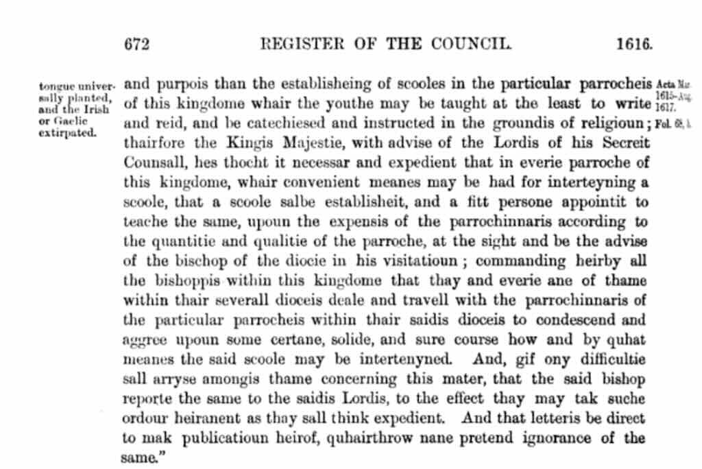 Scottish Privy Council Ordinance establishes parish schools and the abolition of Gaelic